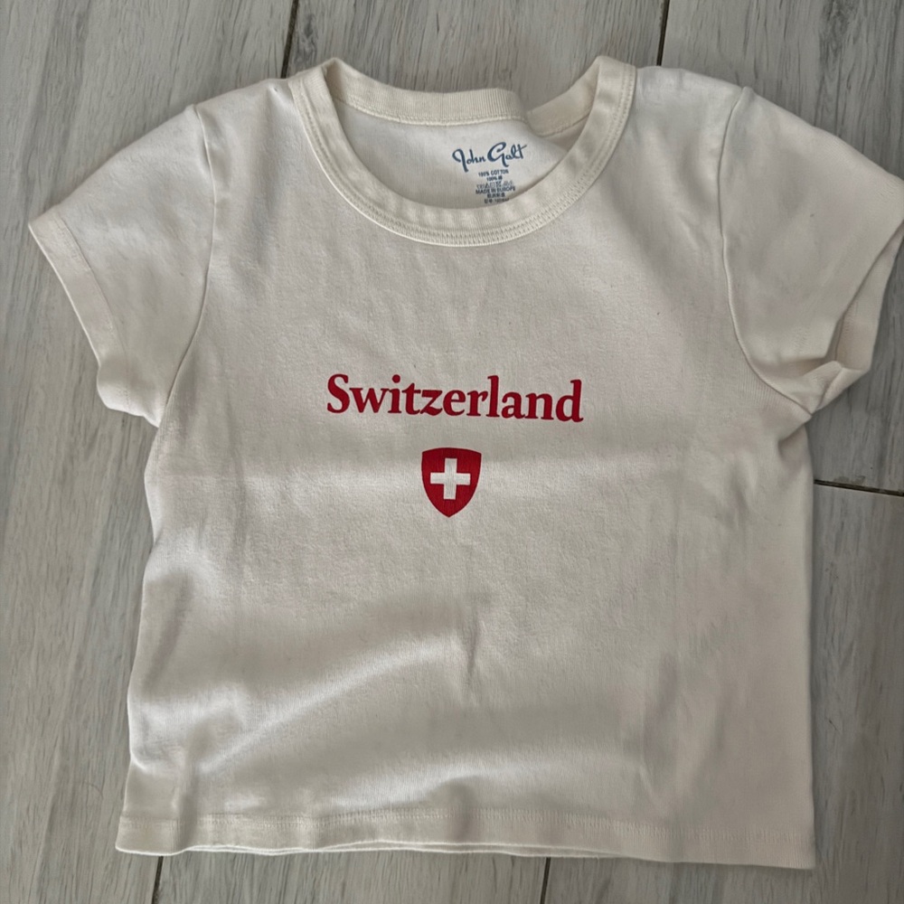 Brandy Melville White Tee with Red Switzerland Graphic